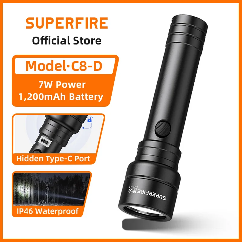 SUPERFIRE C8-D 7W LED Rechargeable Torch Super Bright Flashlight Portable Type-C Aluminum Alloy Light Outdoor Camping Lantern