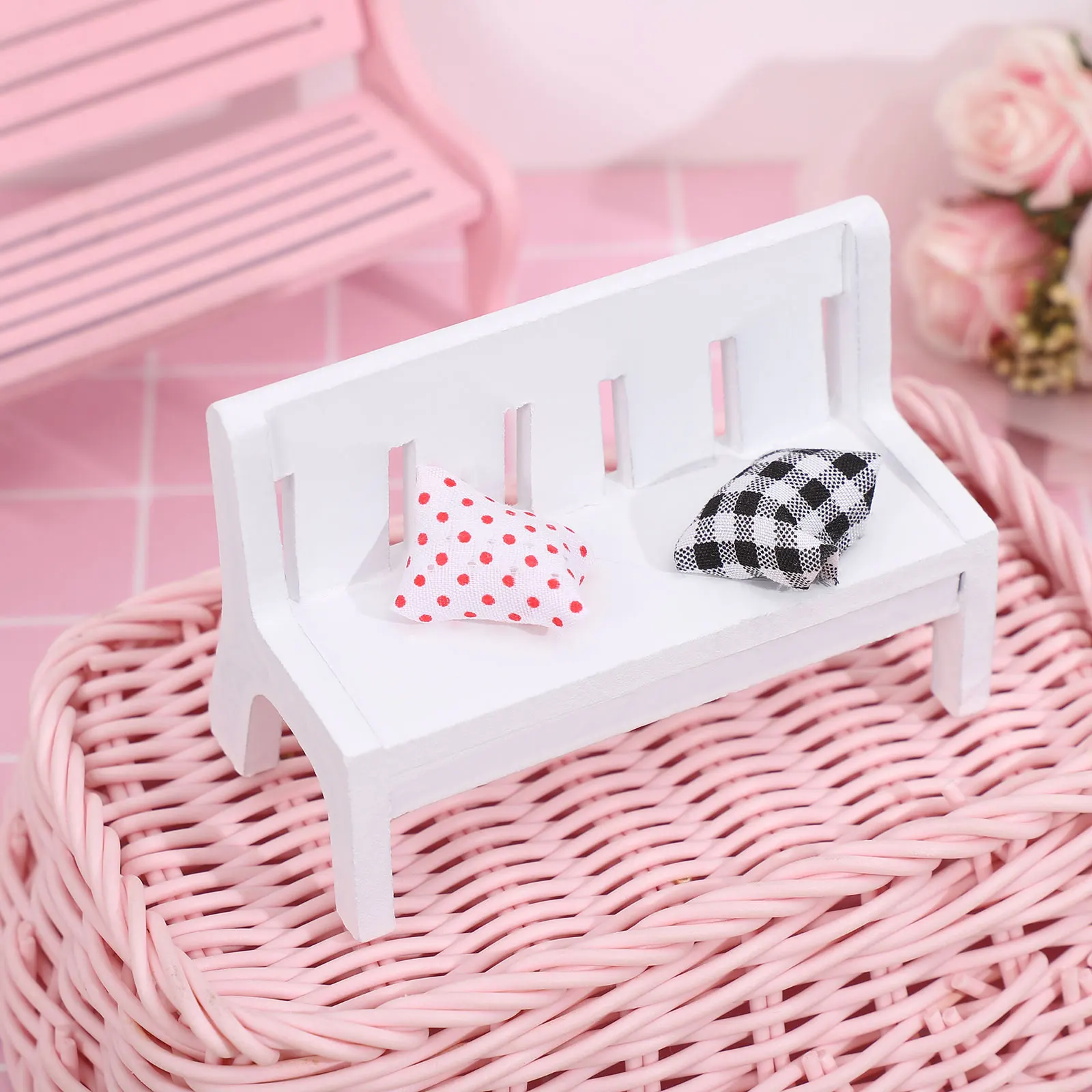 

3pcs White Wooden Double Chair Bench Mini Home Decor Lightweight Craft Ornaments Photo Props Garden Accessories