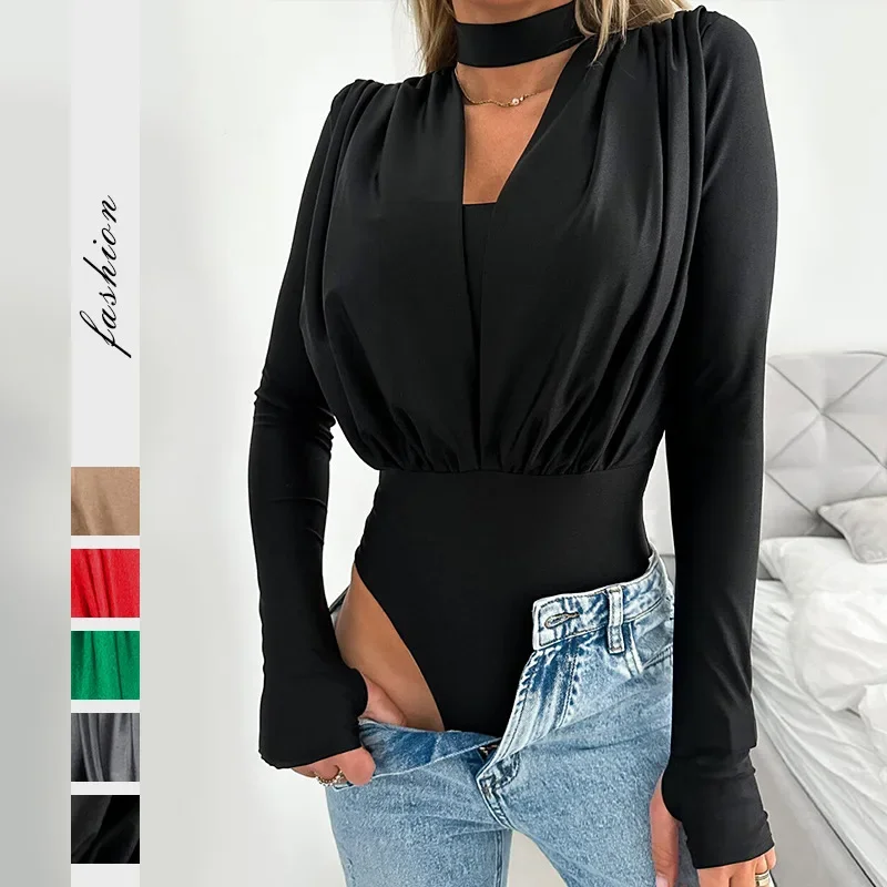 Body Sexy con cuello en V para mujer, Color sólido, ajustado, parte inferior de vaina, empalme, manga larga, Tops, cintura alta, monos Casuales