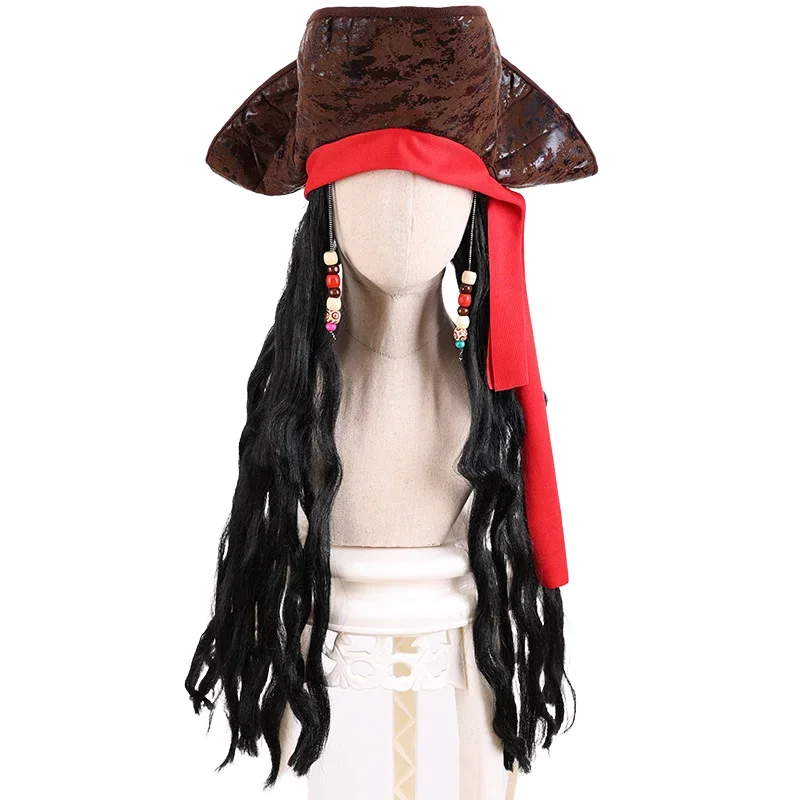 Halloween Pirate Costume Accessory Set Long Black Curly Wig Medieval Pirate Hat Carnival Masquerade Fancy Dress Party Props image 3