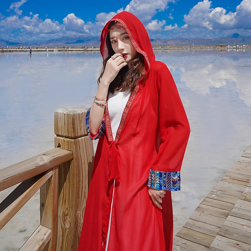 

Sanya New Malaysia Thailand Beach Holiday awl Coat Hooded Ethnic Sle Red Chiffon Sunscreen Clothes Women's Faion Spring...