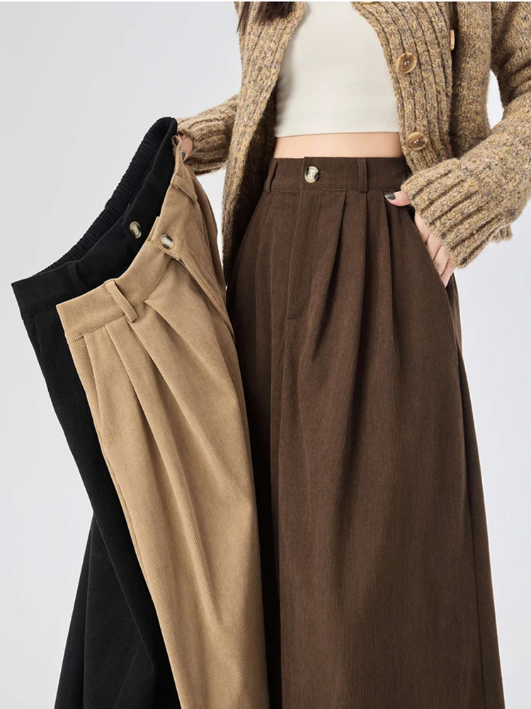 

Casual Corduroy Midi Skirt Women High Waist A Line Vintage Office Lady Skirts Korean Button Loose Solid Simple Female Skirt New