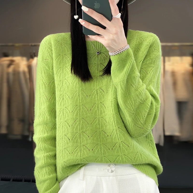 Pullover 100% Wool Sweater Women's Knitted Thin Hollow Long Sleeve Sweater Loose and Comfortable New Product Women's Sweater