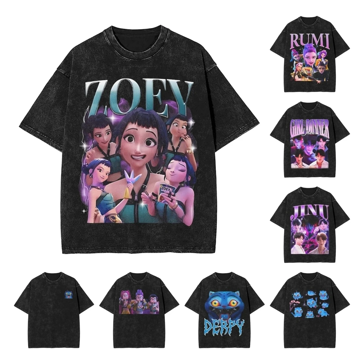 

Постиранные футболки Kpop Demon Hunters Zoey Huntrix, винтажная футболка в стиле хип-хоп, уличная одежда больших размеров, топы с графическим принтом, футболки для мужчин и женщин