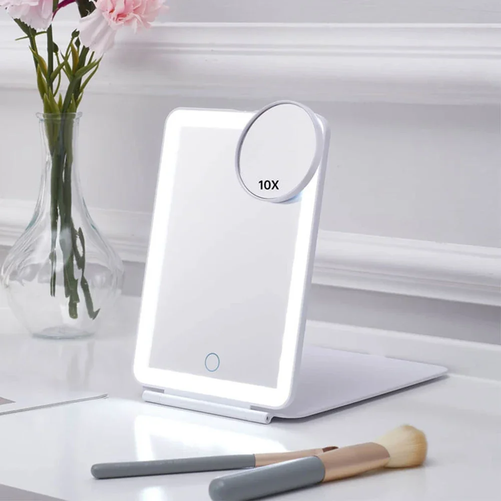 Espejo de maquillaje de viaje con luz LED de 3 colores, pantalla táctil de aumento 10x, espejo de tocador cosmético de belleza plegable, carga USB