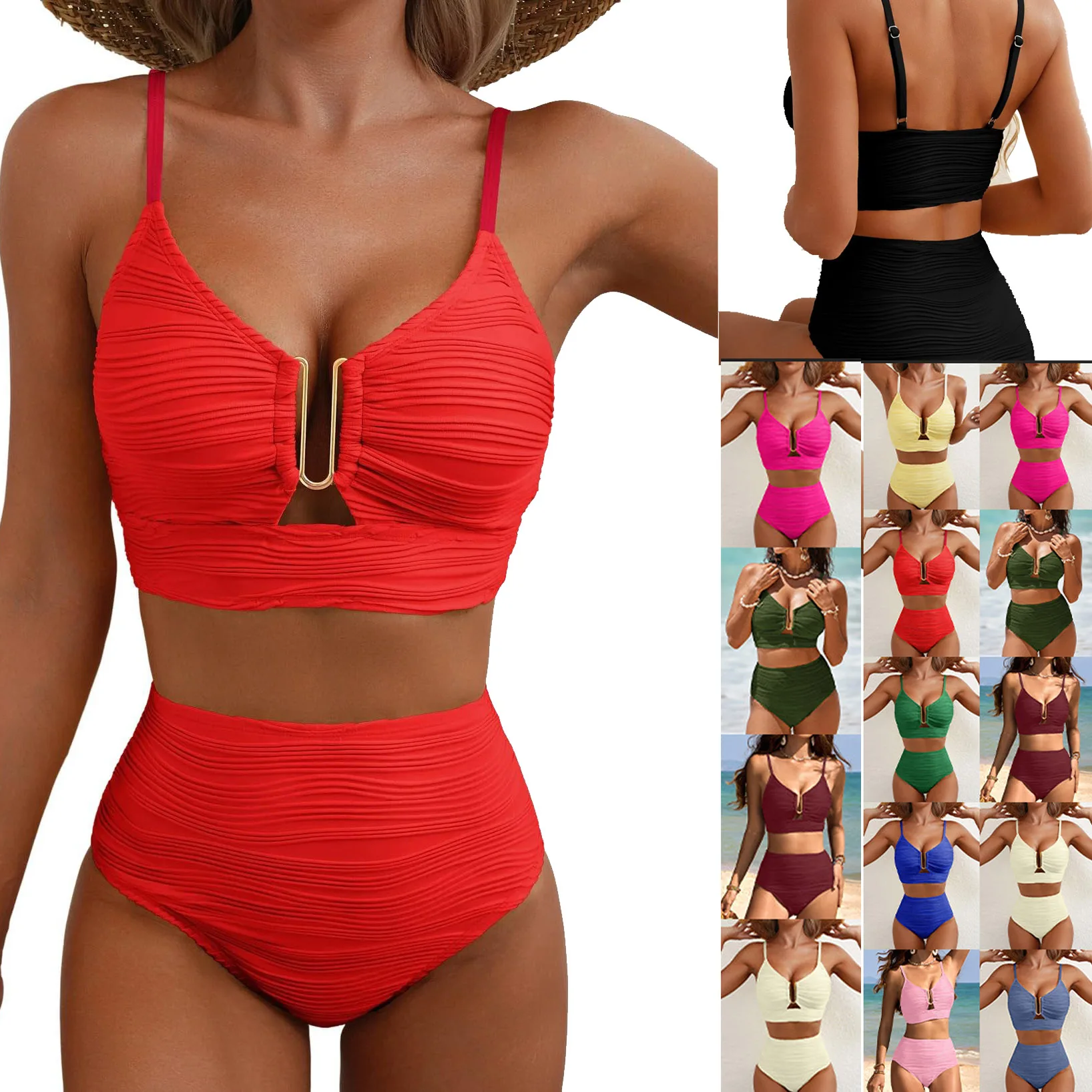 Women's clothing European and American new bikini V-neck hollow swimsuit high waist texture pleated swimsuit