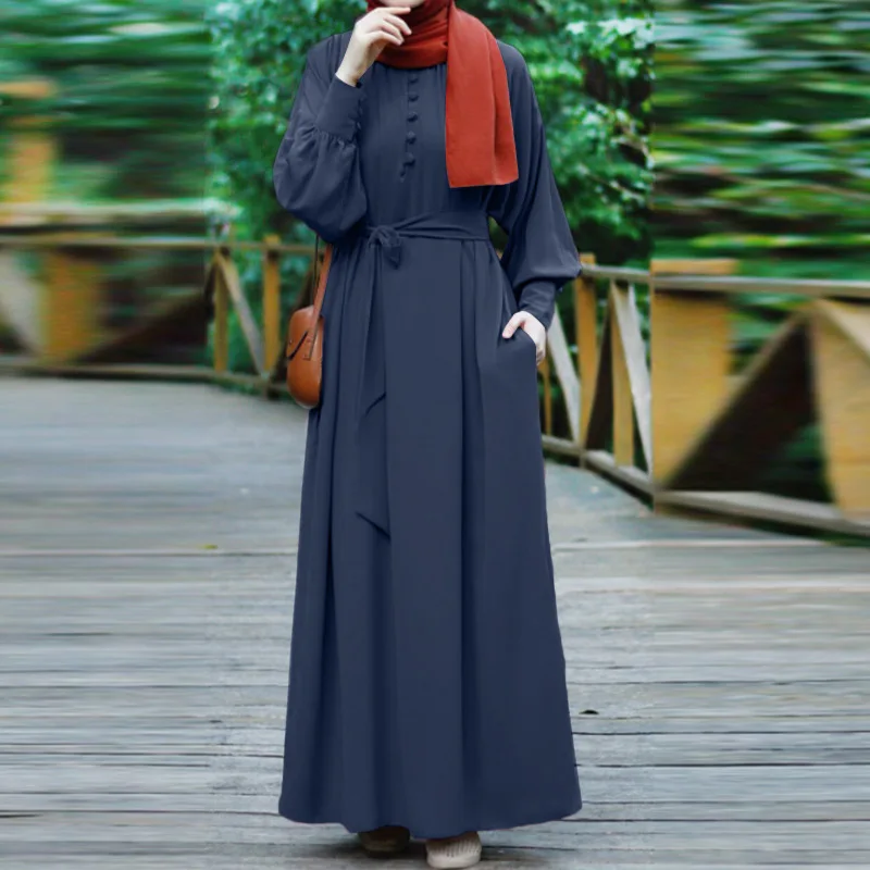 Abaya Islamic Clothing Robe High Waist Muslim Dress Women Solid Color Long Sleeve O-neck A-line Eid Ramadan Dress Abaya