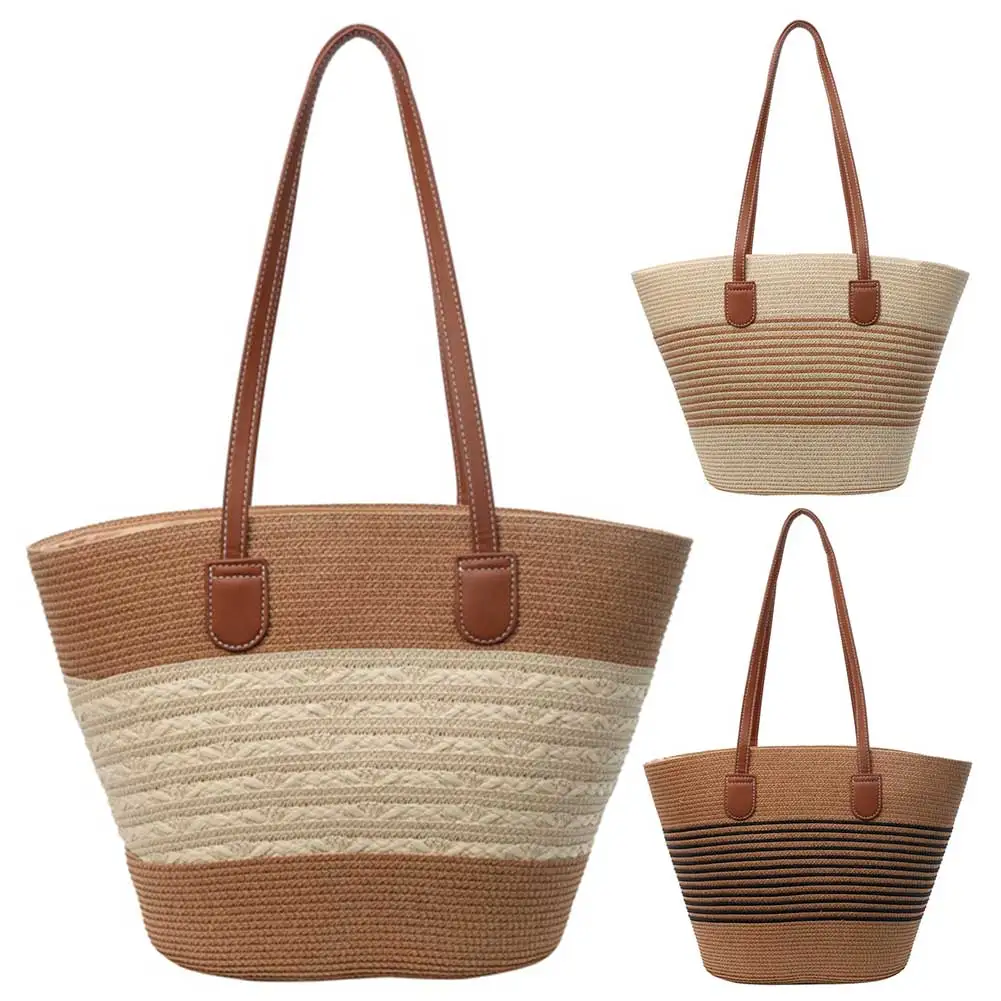 Bolso de vacaciones tejido a rayas para mujer, bolsa diaria de verano con cremallera, gran capacidad, hecho a mano, Color sólido para ir de compras, ir al trabajo y a la playa