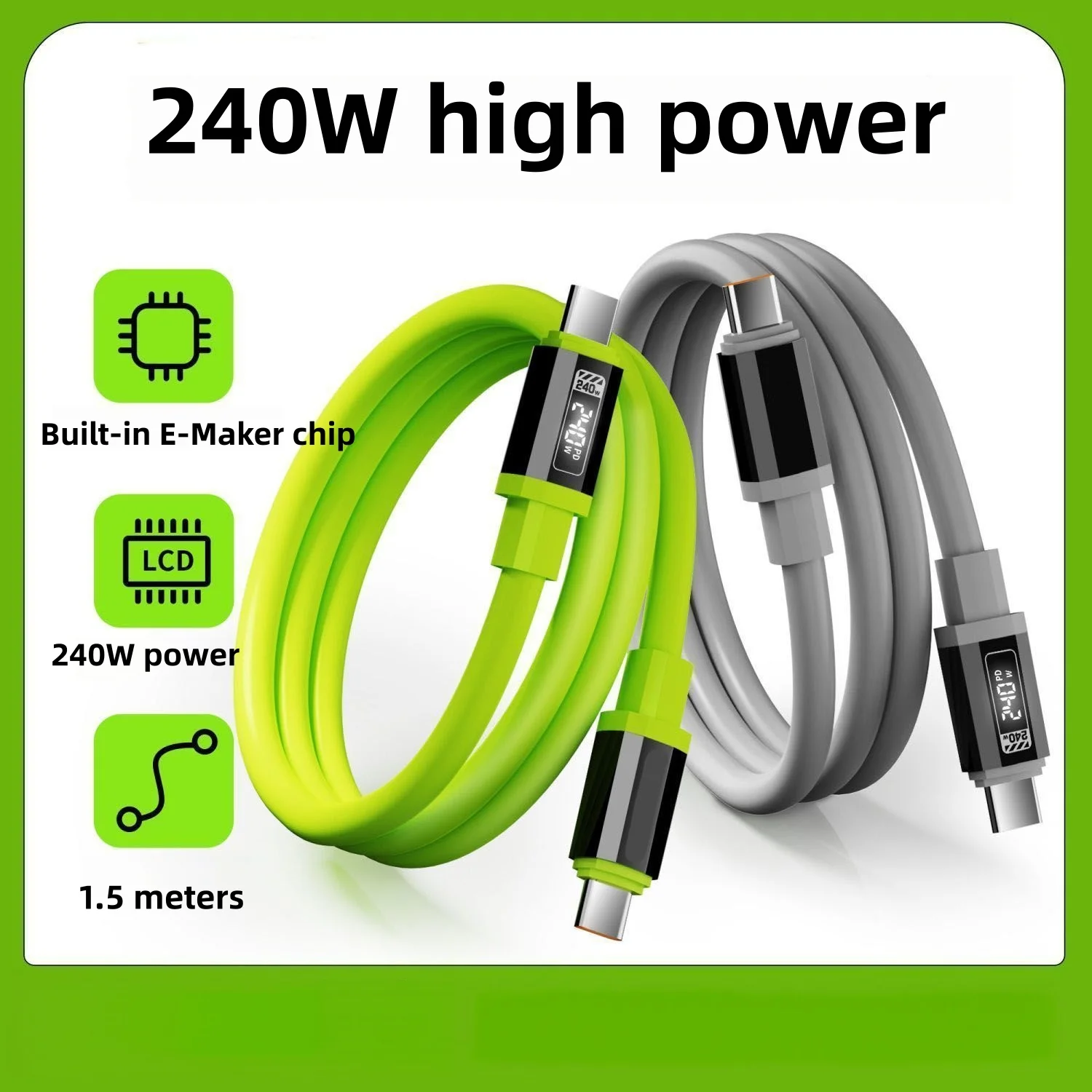 240W PD Super Fast Charging Dual Type‑C Cable, Real‑Time Power Digital Display Portable Data Cord for Smartphone Tablet Laptop