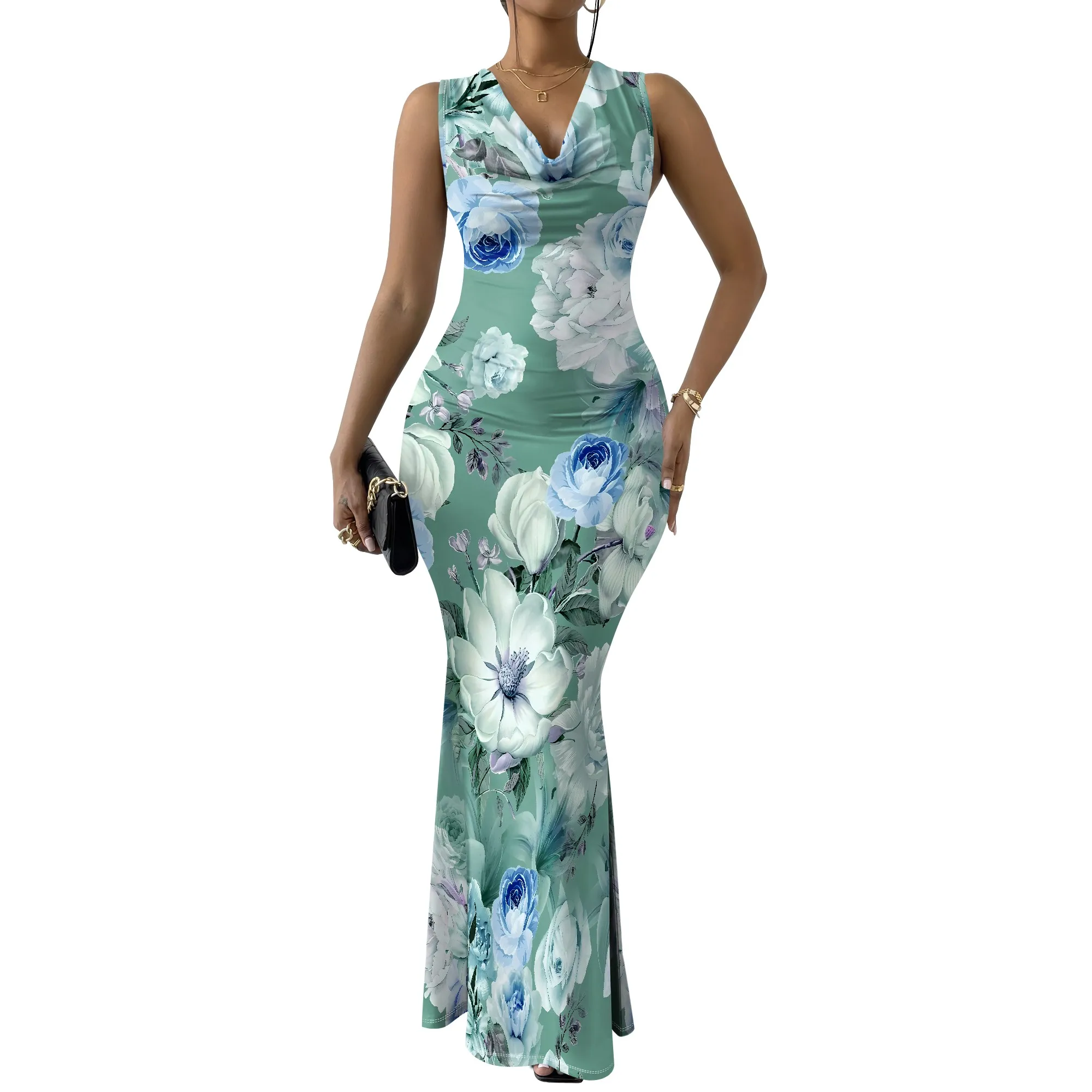 EQQZD Sexy Sleeveless Swing Neck Fishtail Maxi Dress, Beautiful Flowers Print Bodycon Dress for Women