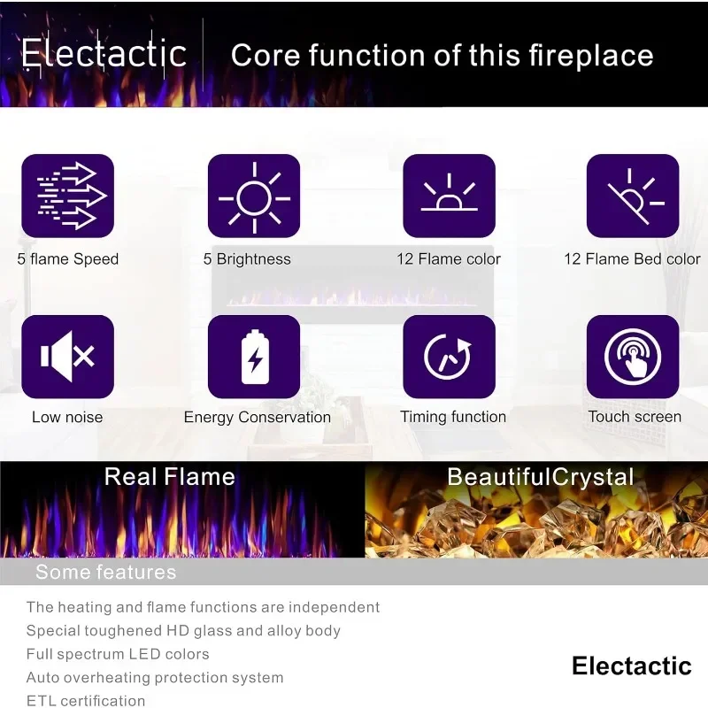 Electric Fireplace Recessed and Wall Mounted Heater and Linear Fireplace, with Timer, Remote Control, Adjustable Flame Color