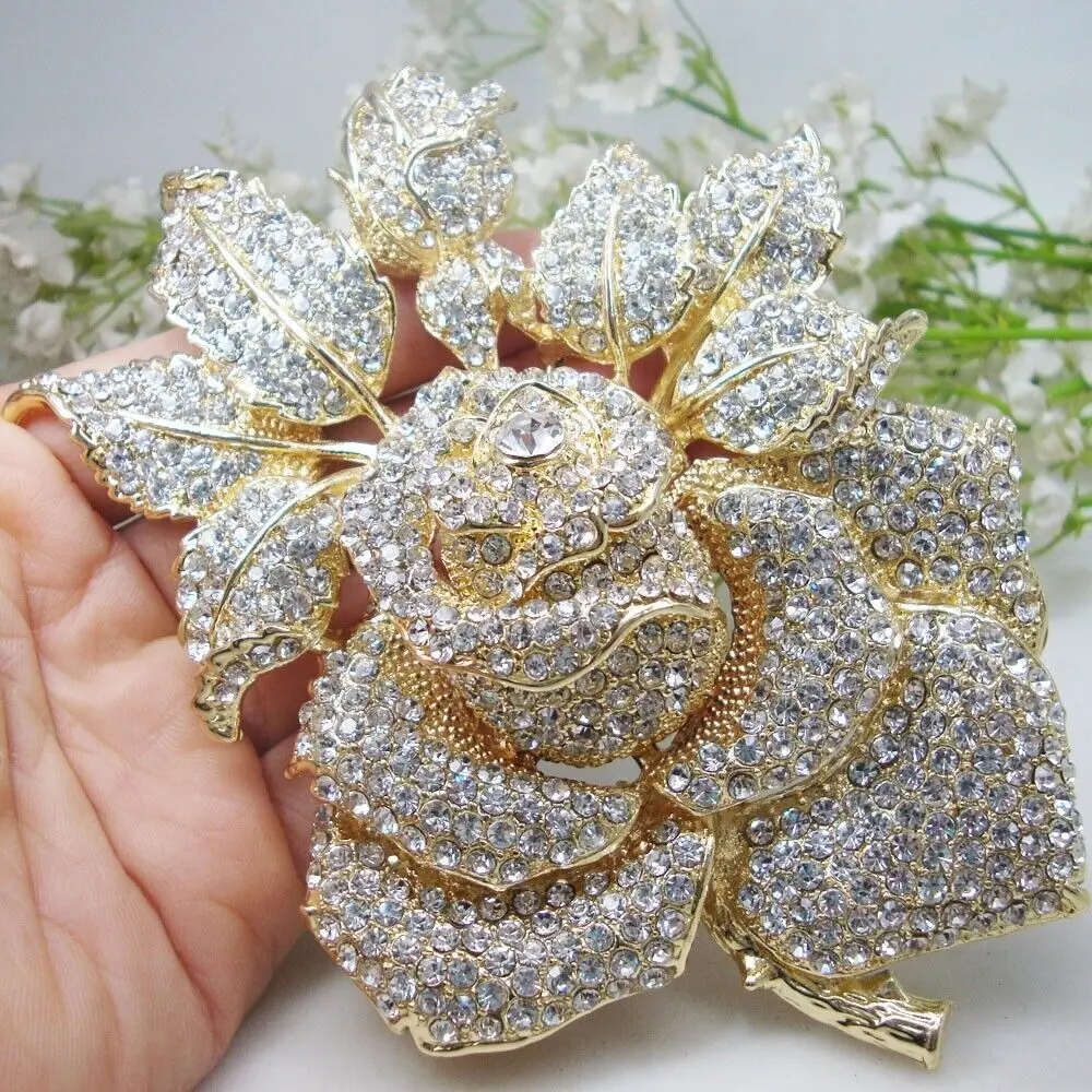 

Bride Wedding Clear Crystal Rose Flower Brooch Pin Leaf Gold Tone Brooch Pin