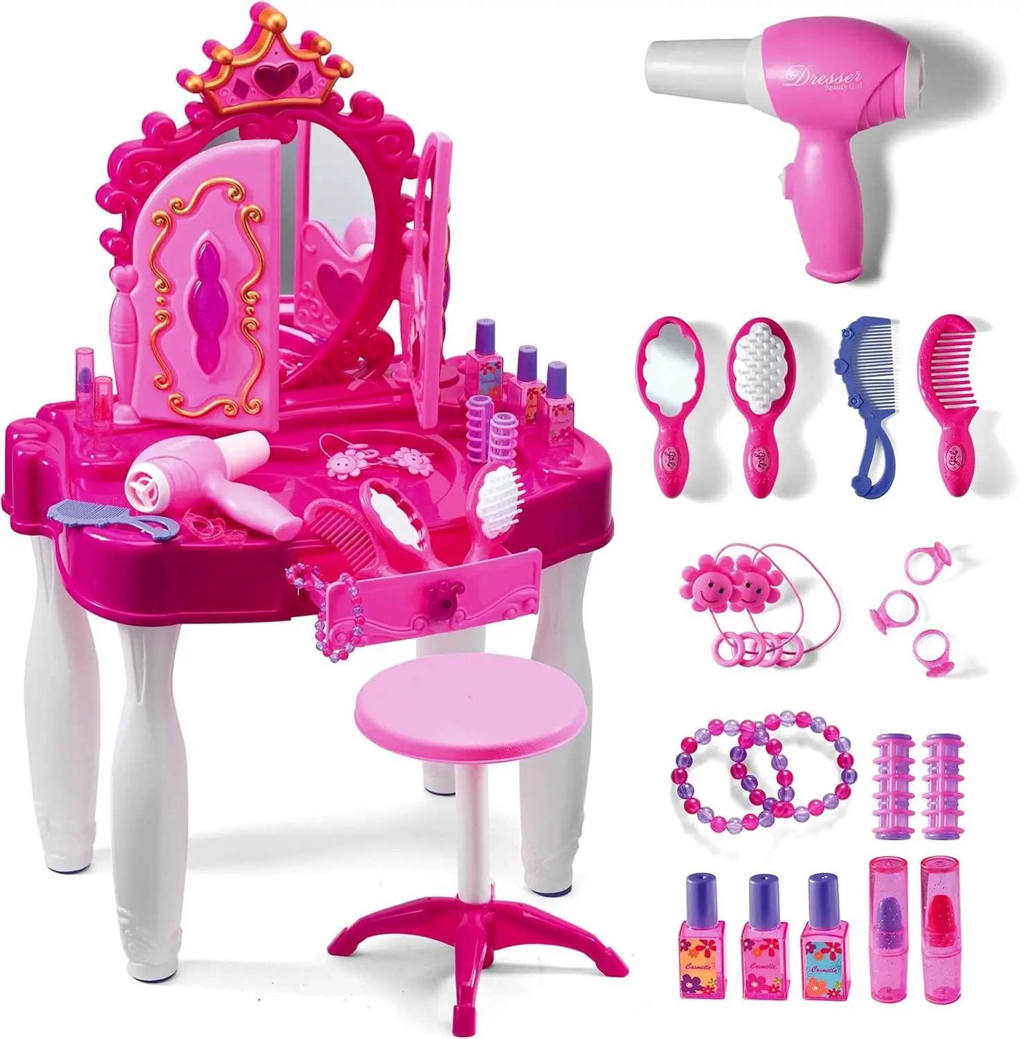 

Girls Pretend Play Vanity Set with Mirror, Lights & Sounds - 21 PCS Makeup Table Accessories for Kids Age 3+