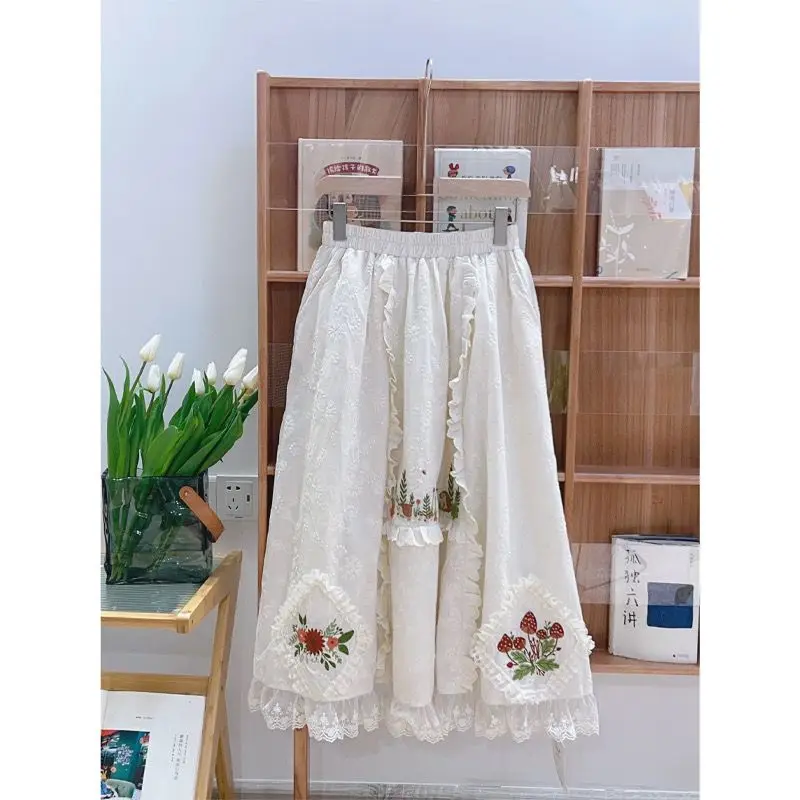 

Sweet Lace Embroidery Skirts Women Vintage Ruffled Cotton Elastic Waist Casual Japanese Mori Girl A-Line Skirt