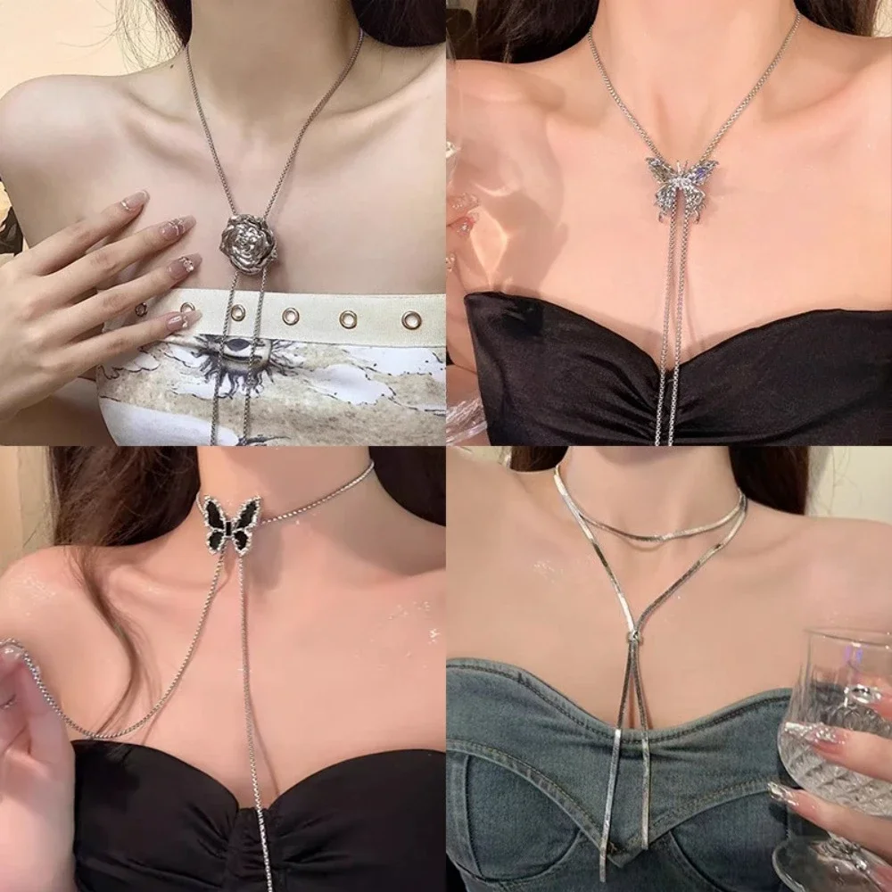 Trendy Exquisite Sliver Color Stereo Flower Drip Glaze Butterfly Two Ways of Wearing Pull Necklace for Women Temperament Jewelry