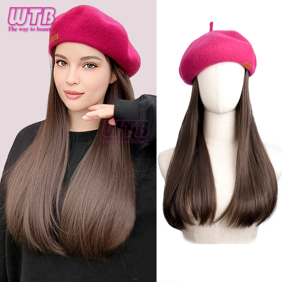 Synthetic Fashion Beret Long Straight Wig integration 45cm High quality Heat-resistant Hair Suitable for women\'s Daily wear.