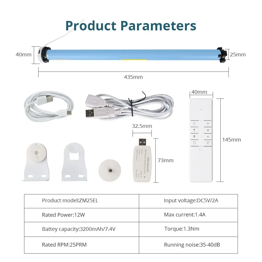 RF Roller Shade Motor Rechargeable Electric Motor for 37mm Tube with WiFi Dongle Solar Panel Alexa Google Home Voice Control