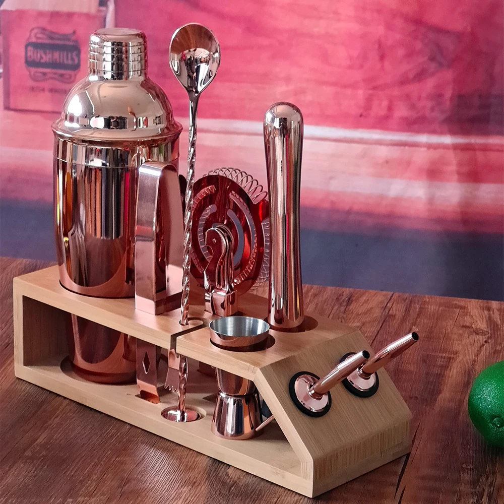 10 Piece Rose Gold Boston Cocktail Shaker Set Bartender Kit With Rhombic Bamboo Stand For Mixed Drinks Martini Bar Tools Set