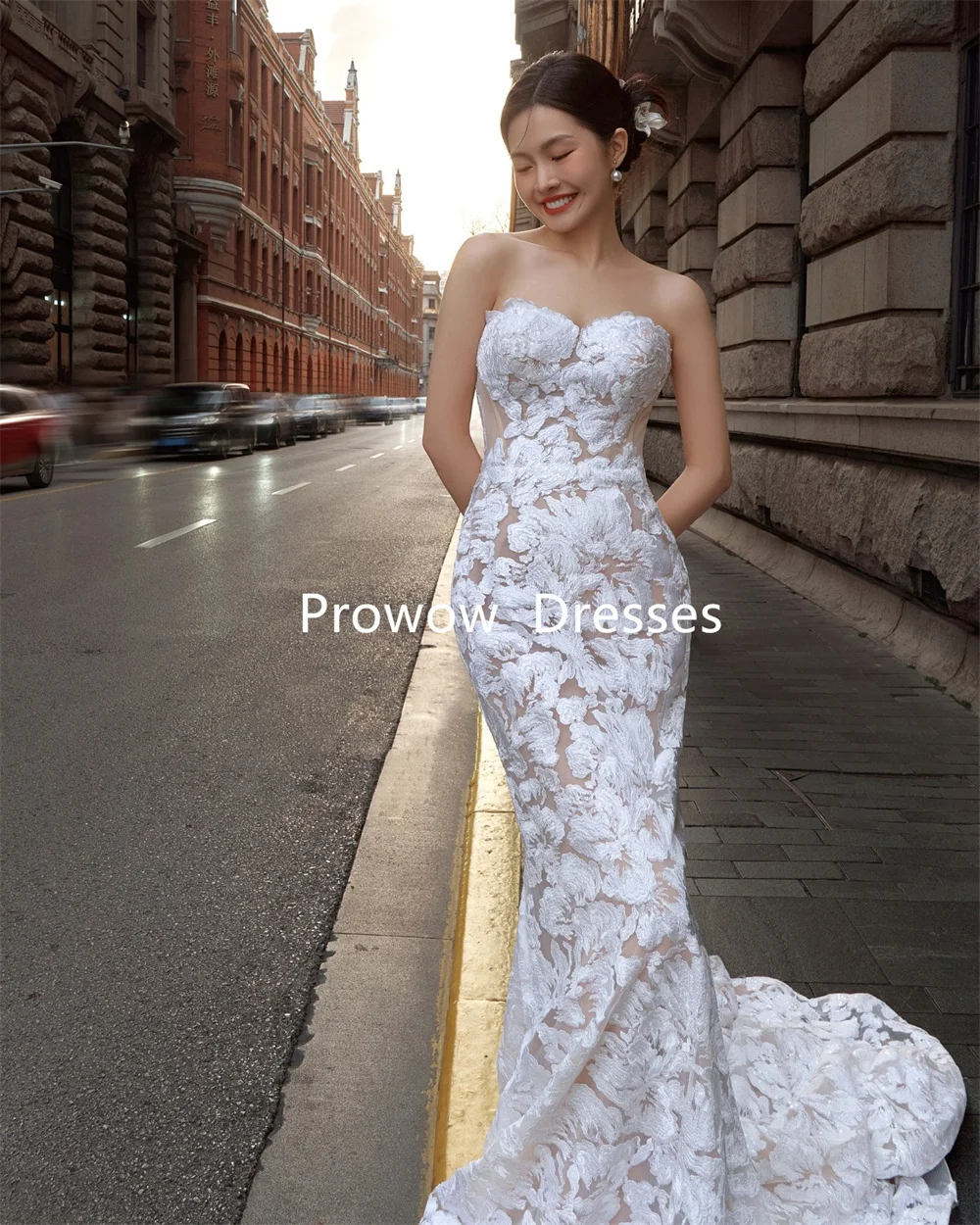 Prowow Rotterdam Kly Full Lace 3D Fleurs Mini Robes de Mariée Courtes, Gants, Corset Sans Bretelles, Jardin, Robe de Mariée, Robe de Bal Personnalisée