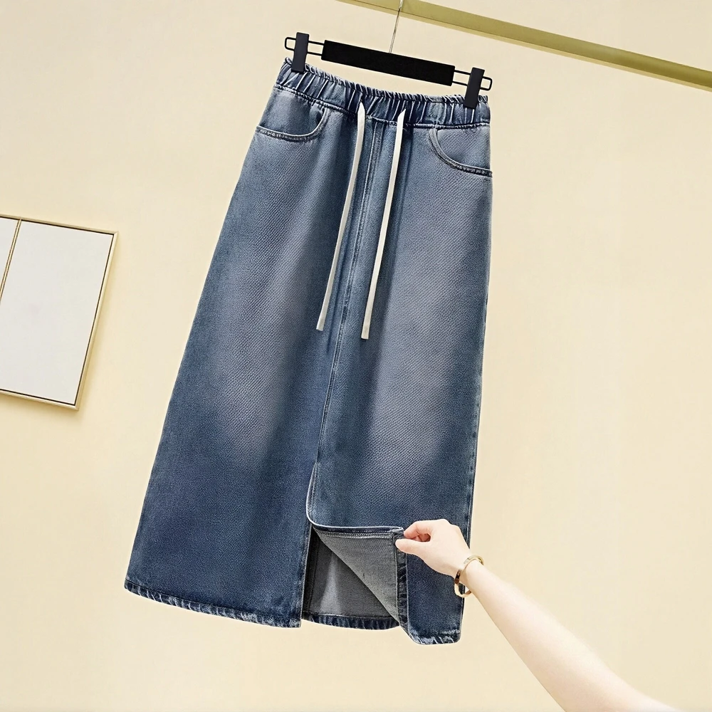 Falda midi de corte A para mujer, falda lisa de verano con abertura en la cintura elástica, básica diaria, para oficina
