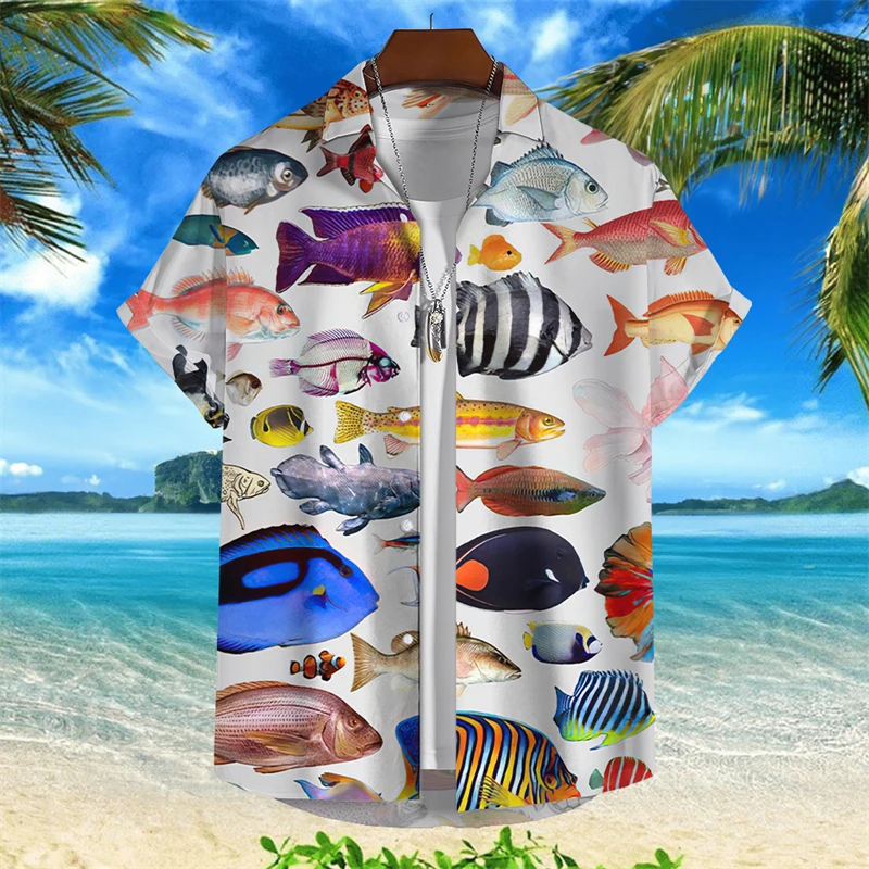 Sea Animal 3d Printed Shirt Men's Harajuku Various Funny Fish Pattern Shirts Hawaiian Street Casual Beach Trendy Button Blouse