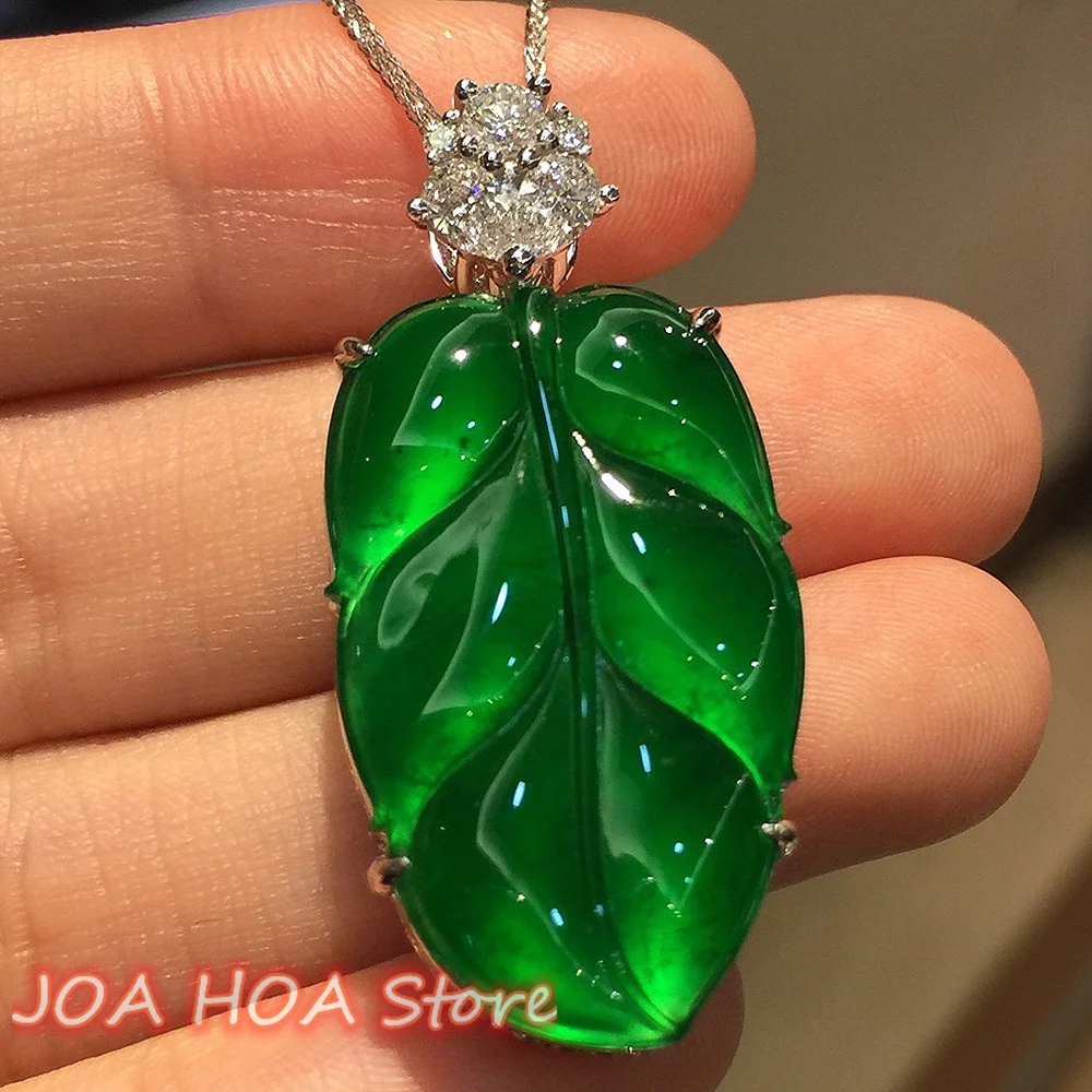 

Natural Full Color Ice Species Emperor Green Jade Leaf Inlaid Pendant Fine Necklace Chain Boutique Jewelry