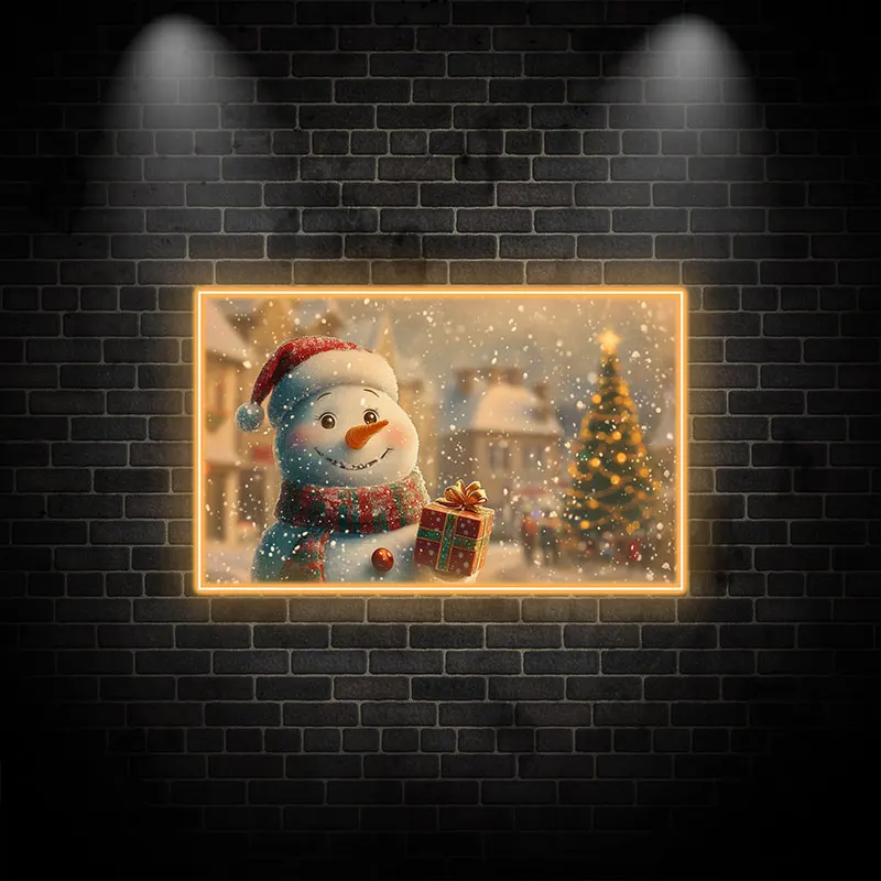 Festive Snowman Neon Wall Art – Cheerful Snowman with Gift & Neon Accents, Cozy Christmas Decor for Living Room or Kids Playroom