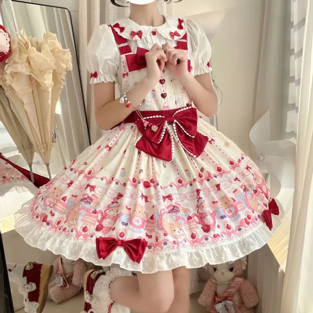 

Lolita cute strap skirt sweet versatile strap Lolita Fresh anime Lace Fluffy Long Sleeve Dress Princess Dress Cute Daily