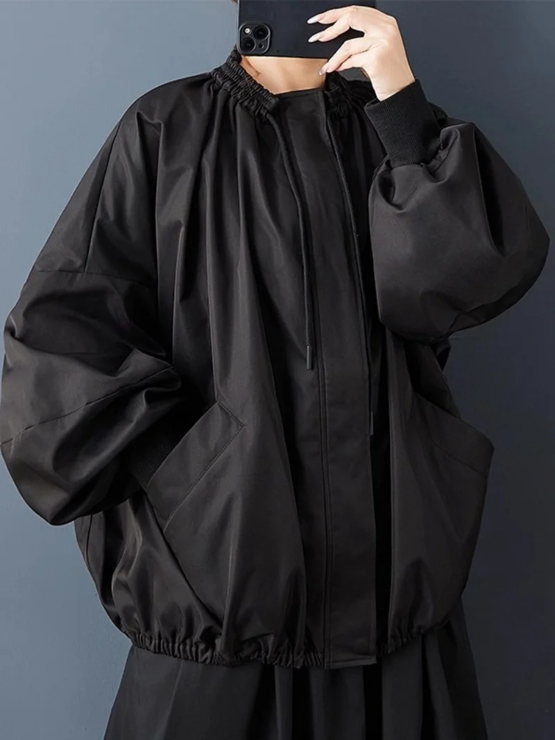 

Весна и осень 2025 года, куртка с воротником-фонариком и шнурком темного ветра, ветровка, универсальное, повседневное и тонкое пальто с рукавами-фонариками w1283