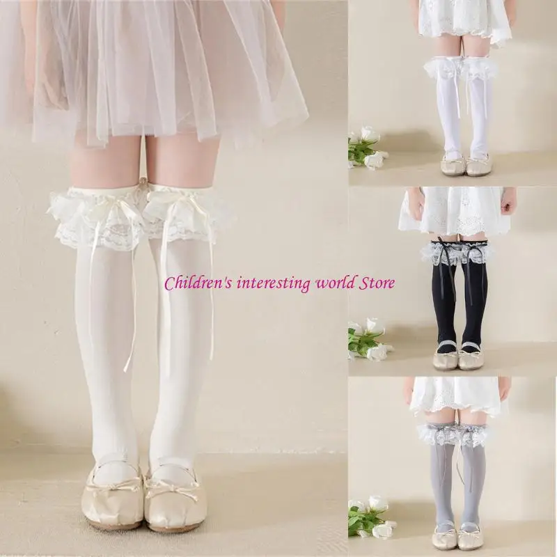 

1 Pair Stretchy Long Tube Socks for Girls Ribbon Accent Solid Color Lace Trim 425F