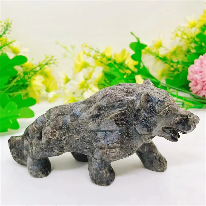 15CM Natural Larvikite Wolf Crystal Animal Carved Reiki Healing Stone Figurine Home Ornaments Decor Gift 1pcs