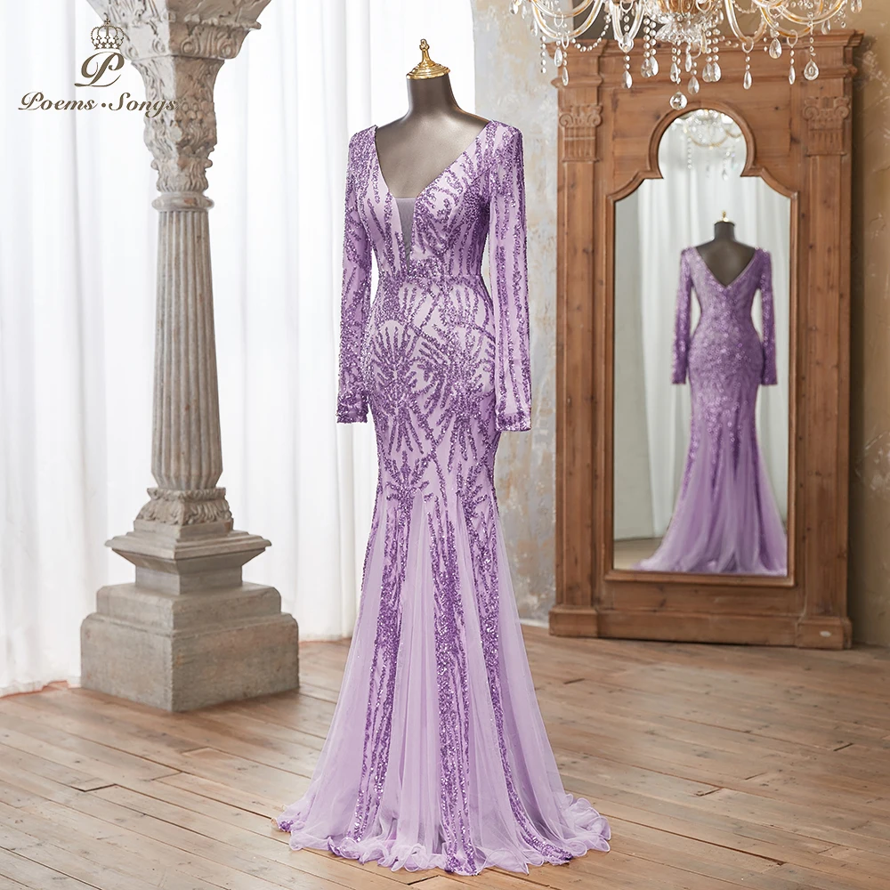 Luxurious Purple Long Sleeve Sequin Gown Deep V-Neck Embellished Pattern Mermaid Formal Dress Elegant Evening Special Events