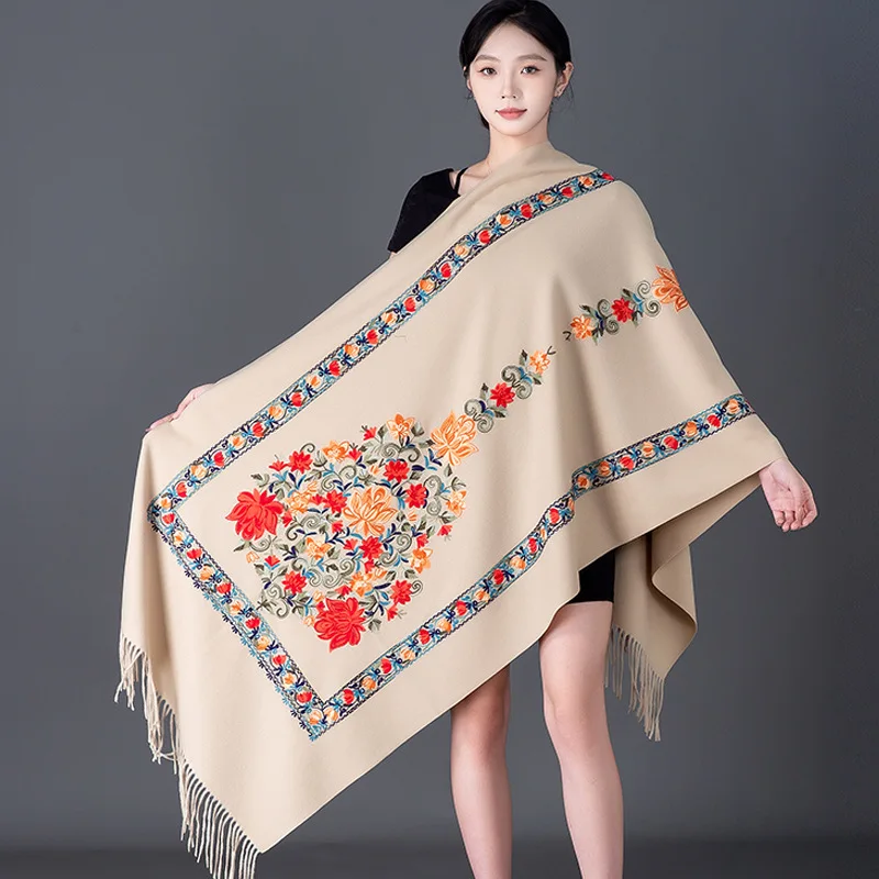 

2023 New Women Embroidery Cashmere Scarf Winter Pashmina Blanket Shawl Lady Warm Shawls National Fringed Foulard Wraps