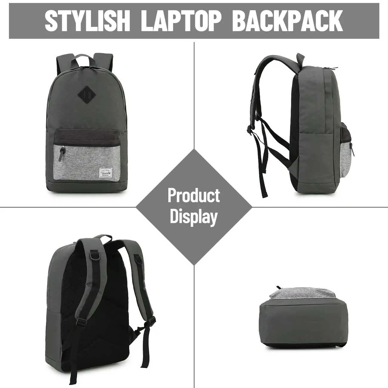 Backpack for Men Women, Water-Resistant School Backpack Bookbag Schoolbag Casual Daypack Work Gray