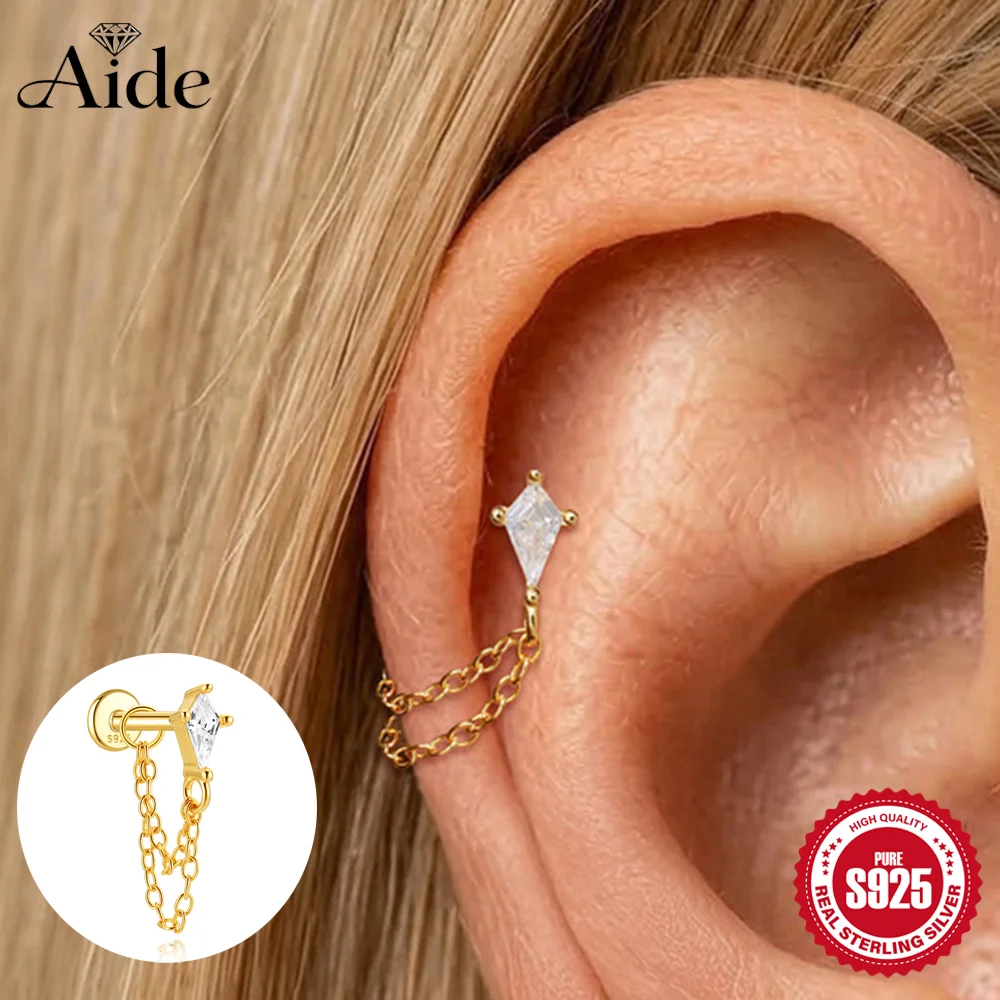 AIDE 925 Sterling Silver Kite Stone Double-layer Tassel For Women 16G Flat Back Internal Thread Piercing Earrings Fine Jewelry