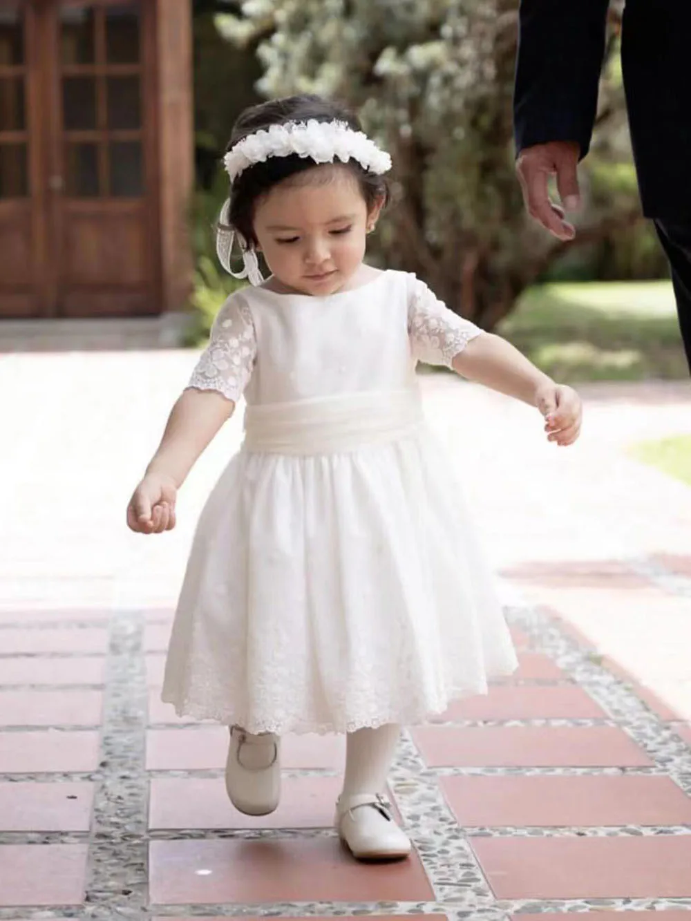 Vintage First Communion Dress Half Sleeve White Lace Flower Girl Dress Bow Sash Tulle Long Child Wedding Party Birthday Vestido