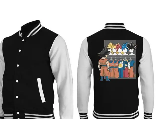 Jaqueta de beisebol Dragon Ball Goku, casaco universitário preto e branco com estampa traseira Super Saiyan Evolution e coleção Gi Art unissex