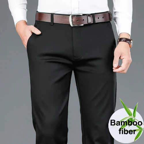 Imagen 2 del producto Pantalones informales de fibra de bambú para hombre, pantalón de algodón elástico de color caqui, estilo clásico, moda de negocios, ropa de marca, primavera 2023
