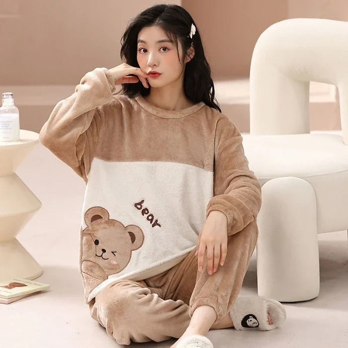 Autumn Winter Flannel Warm Women's Pajamas sets O-Neck Long Sleeve Women Two Piece Set Cute cartoon Print Pyjamas Women pijama