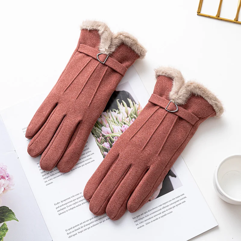 Guantes de gamuza para mujer, manoplas de dedo completo a prueba de viento para pantalla táctil, a la moda, para deportes al aire libre, Invierno