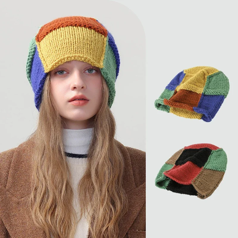 Fashion Y2K Knit Beanies Hats for Women Girls Autumn Winter Hats Color Block Patchwork Multicolor Bonnet Skullies Female