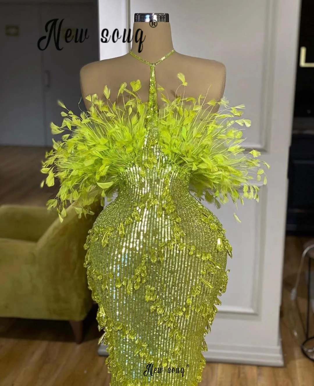 Vestido de fiesta verde limón con cola desmontable, vestido africano tipo bálsamo con plumas brillantes para bodas y fiestas para mujer