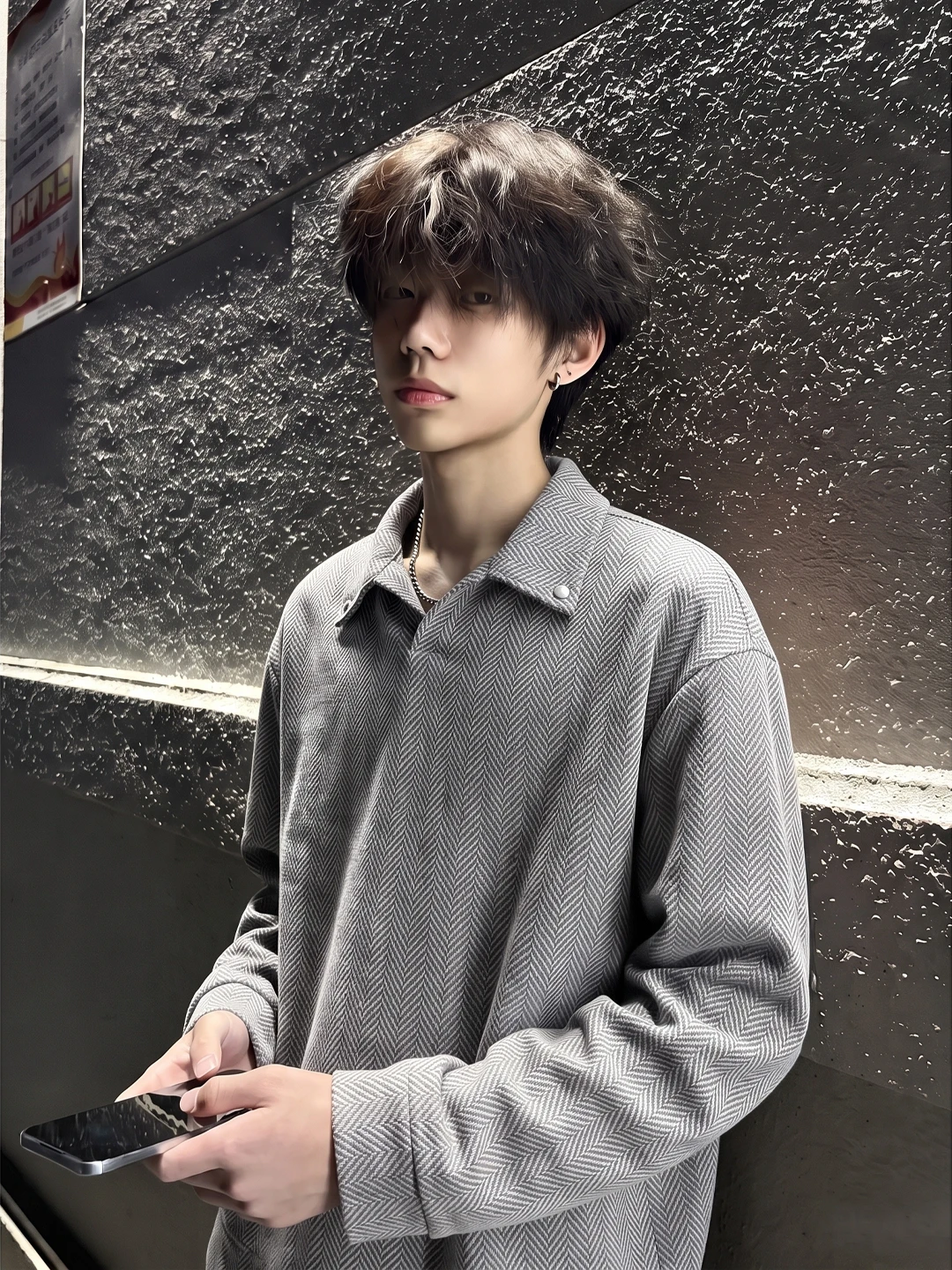 Gray Fishbone Pattern Long Sleeve  Shirt Men's American Retro Cleanfit Inner Wear Autumn Season Fashionable Loose Fit Shirt