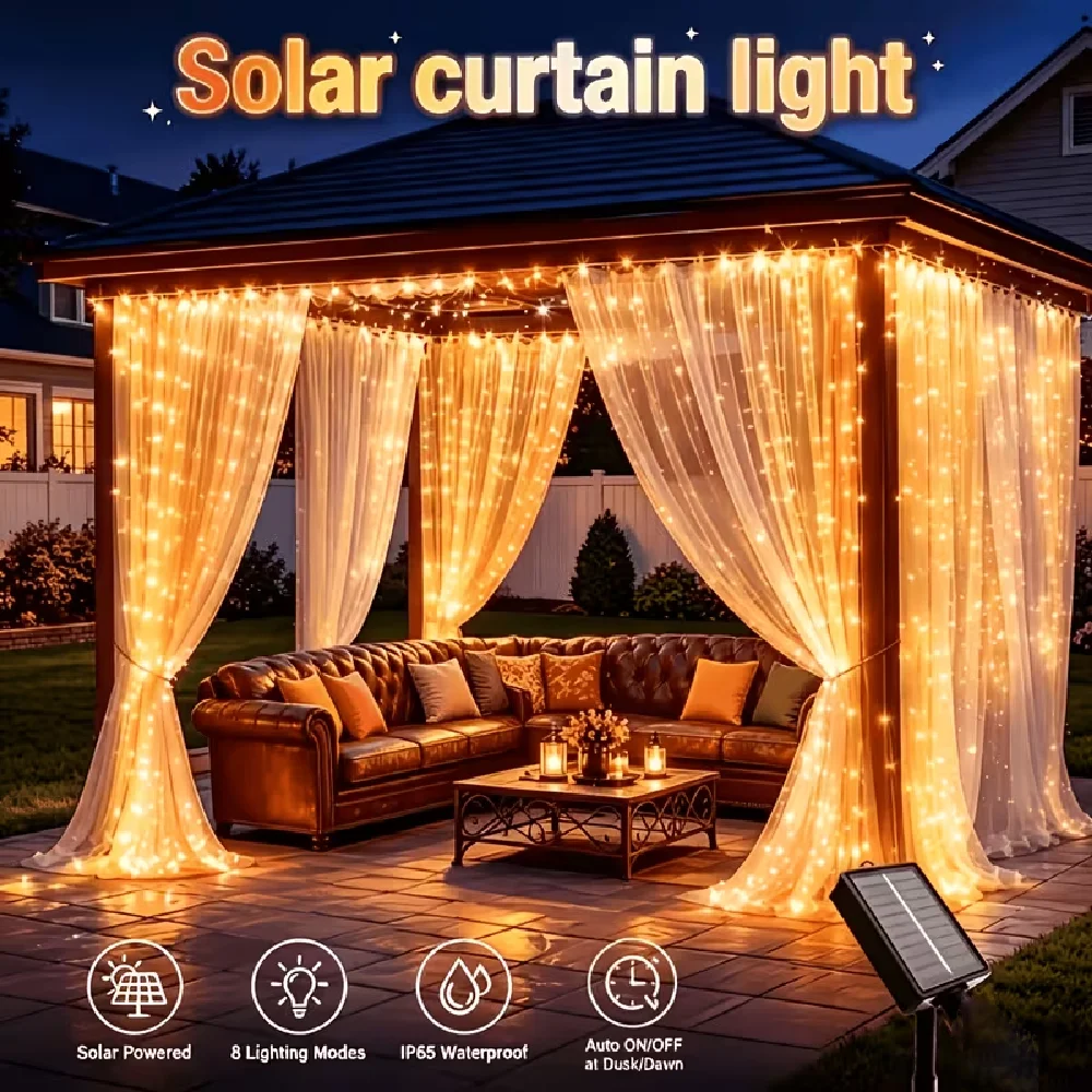 LED Solar-Powered Curtain Lights Outdoor Decorative Garden Lights 8 Lighting Mode for Christmas Courtyard Parties Gardens Decor