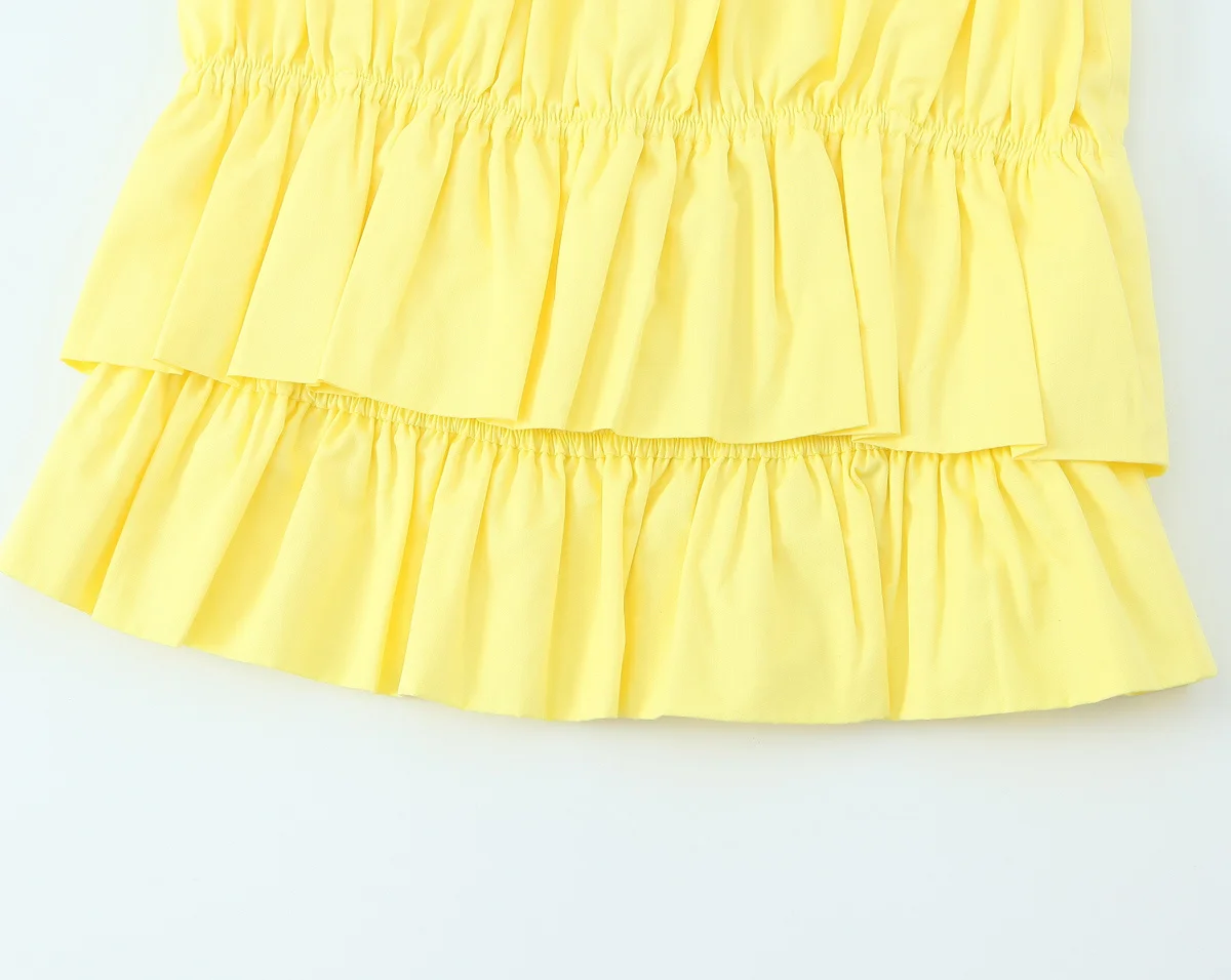 Zevity Nuove Donne Chic Spaghetti Strap Pieghe Increspature Popeline Giallo Grembiule Camicetta Stile Torta Femminile Camicia Blusas Crop Top LS9319