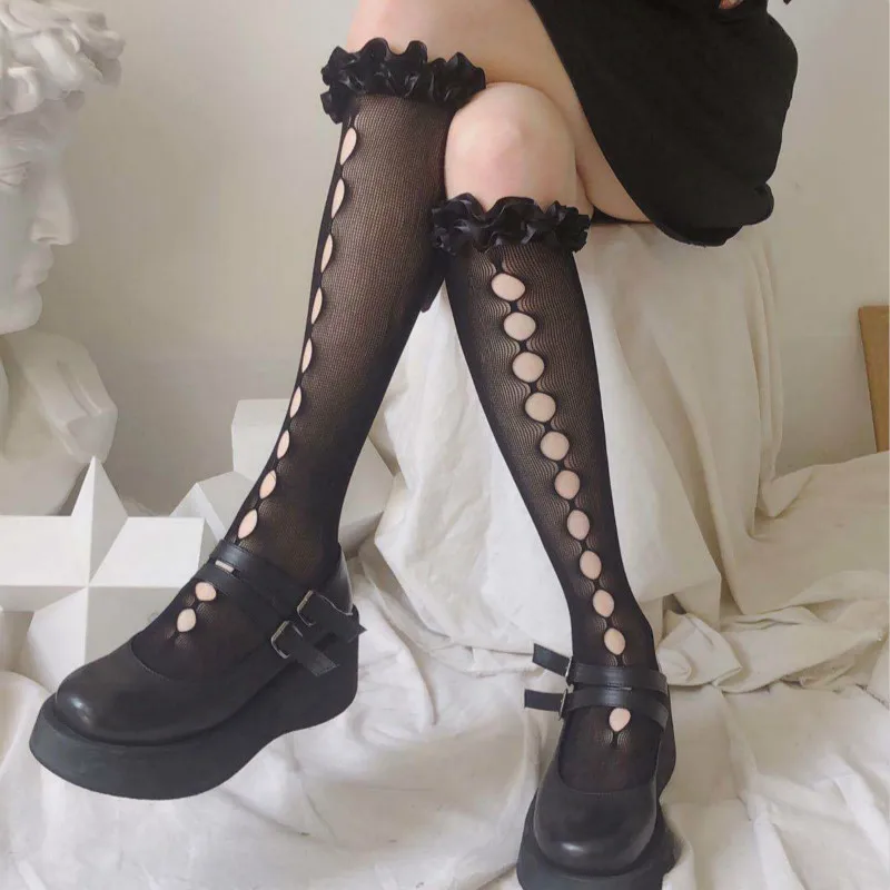 Pleated Satin Lace Socks Women Lace-up Over Knee Socks Cosplay Gothic Sexy Hollow Out Punk Knee-high Stockings Lolita Socks