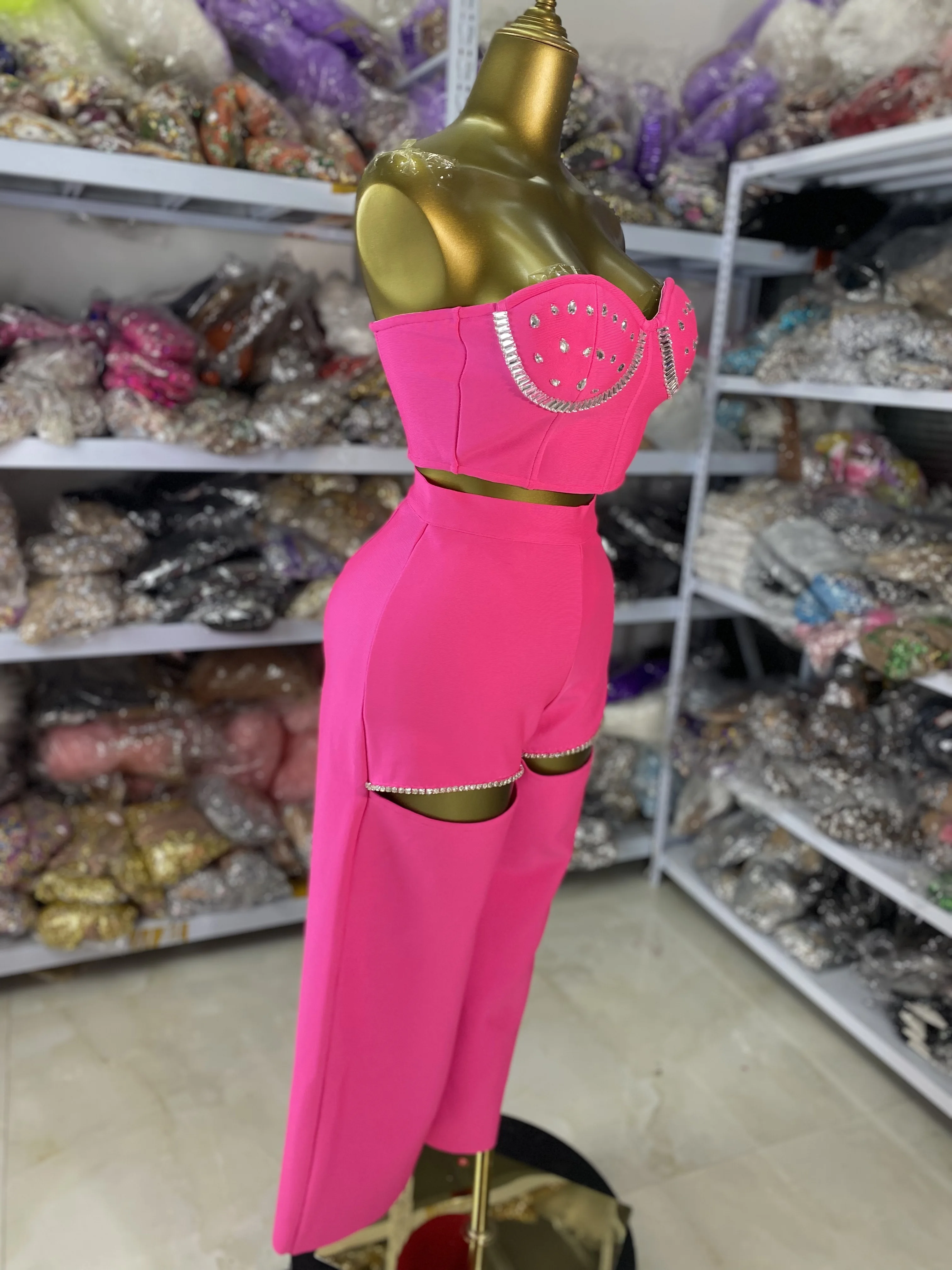 Fábrica atacado feminino hotpink bandage outfits tubo de cristal superior e calças casuais de malha duas peças define festa do clube à noite
