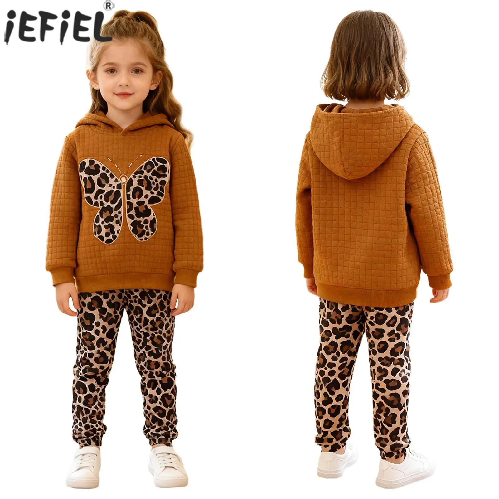 

Модная одежда с леопардовым принтом для маленьких девочек, толстовка с капюшоном и вышивкой бабочки с длинными рукавами и штанами, детская весенне-осенняя одежда