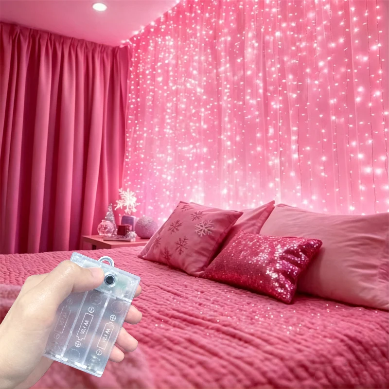 LED Curtain String Lights Valentine's Day 8 Modes AA Battery Powered Bay Window Lights Wedding Halloween Christmas Decorations