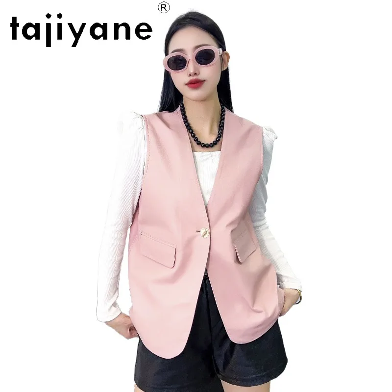 TAJIYANE Sheepskin Genuine Leather Jacket Woman Sleeveless Leather Vest V-neck One Button Gilet Slim Fit Veste Femme Solid 자켓
